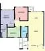 Floor plan: 2-bedroom 1-bathroom unit; features: open-plan kitchen-dining-living, master bedroom with ensuite bathroom, bedroom 2 with shared bathroom, utility room, balcony off living room, central foyer.