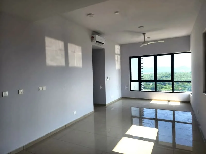Living features: white painted walls, polished ceramic tile flooring, 5-blade ceiling fan, wall-mounted split AC, floor-to-ceiling windows, city view, natural light from windows, light switch panels; style: modern; view: city.