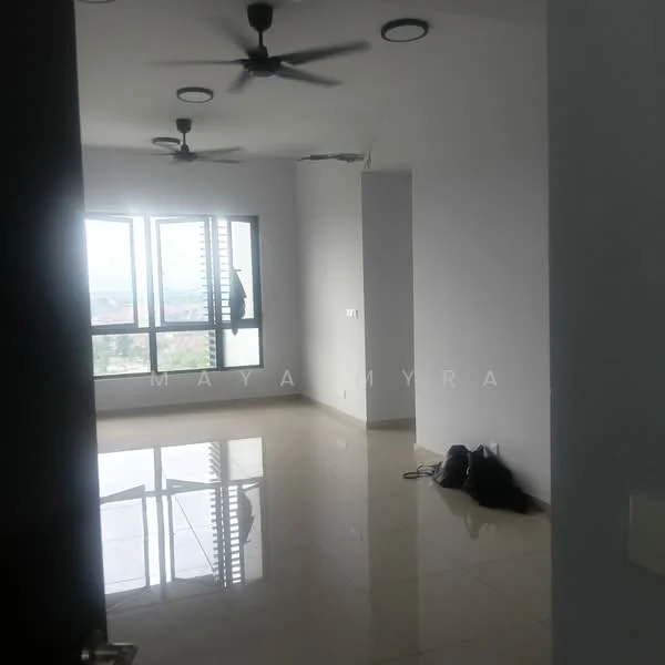 Room features: white painted walls, glossy ceramic tile flooring, 2 ceiling fans, large windows, city view, neutral color scheme, recessed lighting, corner of room with no visible furniture; style: modern; view: city.