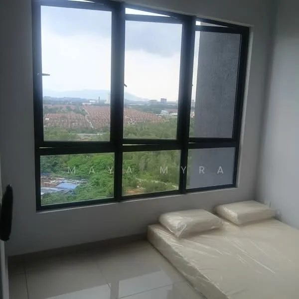 Bedroom features: floor-to-ceiling windows, grey painted walls, white ceiling, tile flooring, unmade bed with mattress on the floor, natural light from windows, view of greenery and cityscape; style: modern; view: city.