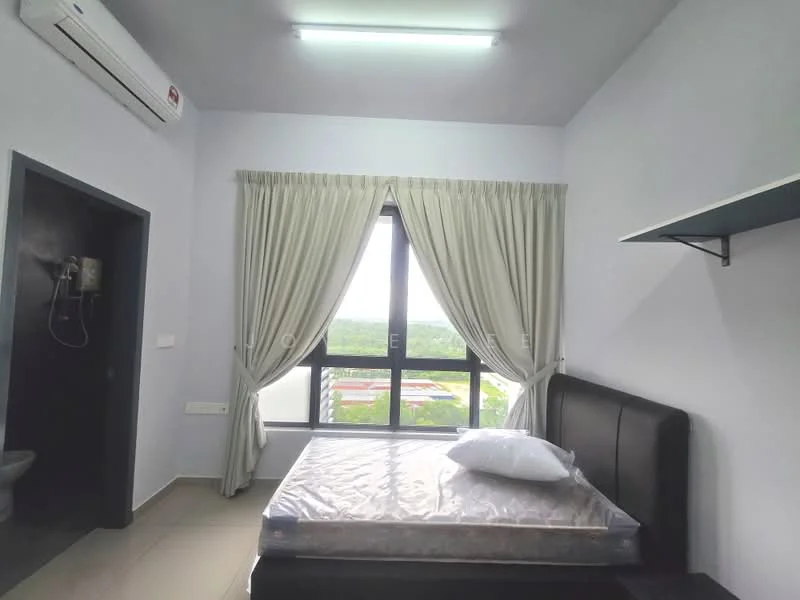 Bedroom features: queen-size bed, black upholstered headboard, floor-to-ceiling windows, sheer curtains, grey painted walls, tile flooring, 1 wall-mounted split AC, shelf above bed, decorative wall panel, view of greenery; style: modern; view: garden.