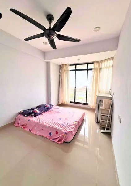 Bedroom features: queen-size bed with pink bedding, floor-to-ceiling windows, sheer curtains, ceiling fan with 5 blades, light-colored painted walls, glossy tile flooring, built-in wardrobe, natural light from windows; style: modern; view: city.