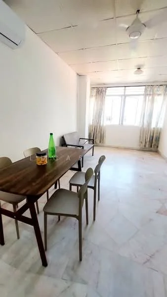 Dining features: marble flooring, white painted walls, 5-blade ceiling fan, window with sheer curtains, wooden dining table, 6 dining chairs, sofa, air conditioning unit; style: modern; view: city.