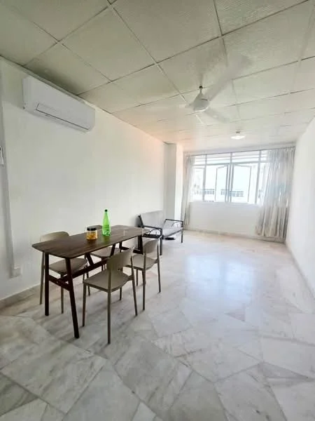 Living features: marble flooring, white painted walls, 5-blade ceiling fan, wall-mounted split AC, floor-to-ceiling windows, sheer curtains, dining table with 4 chairs, sofa, natural light; style: minimalist; view: city.
