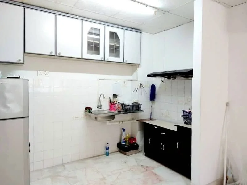 Kitchen features: white shaker cabinets, black lower cabinets, stainless-steel fridge, single-bowl stainless-steel sink, chrome pull-down faucet, ceramic tile backsplash, marble tile flooring, exhaust hood, countertop with storage, wall-mounted shelves; style: modern.