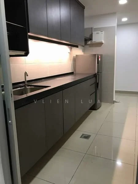 Kitchen features: black granite countertop, single-bowl stainless-steel sink, chrome pull-down faucet, dark wood cabinetry, built-in refrigerator, ceramic tile flooring, white tiled backsplash, recessed LED downlights; style: modern.