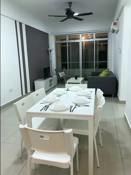 Dining features: white dining table, 4 white dining chairs, cutlery set on the table, ceramic plates on the table, pendant light, floor-to-ceiling windows, grey accent wall, light-colored tiled flooring, wall-mounted air conditioning unit, ceiling fan; style: modern; view: city. Living features: grey fabric sofa, green decorative cushion, TV console, lamp, decorative plant, light-colored tiled flooring; style: modern; view: city.