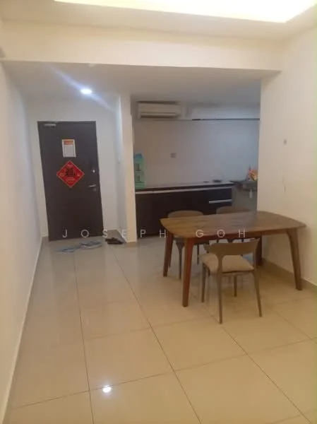 Room features: white painted walls, glossy tile flooring, dining table with wooden surface, three wooden chairs, wall-mounted air conditioning unit, kitchen area visible in background, door with security sign, light ceiling with recessed lighting; style: modern.
