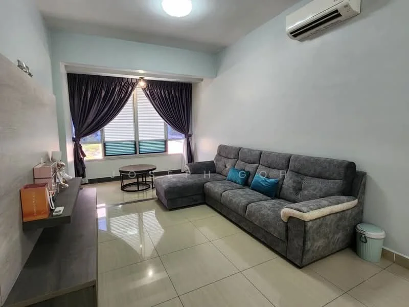 Living features: grey fabric L-shape sectional sofa, coffee table, wall-mounted TV console, floor-to-ceiling windows, blackout curtains, white walls, recessed ceiling light, 1 wall-mounted split AC, glossy tile flooring; style: modern; view: city.