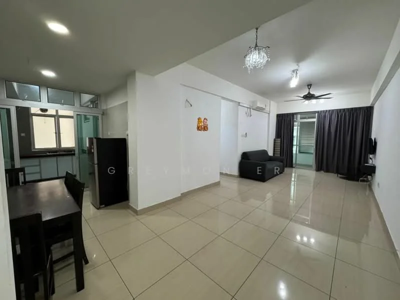 Living features: white painted walls, glossy tile flooring, 5-blade ceiling fan with light, chandelier, sofa in dark color, TV console, wall-mounted TV, dining table for 4, sliding glass door, blackout curtains; style: modern. Kitchen features: black refrigerator, open layout, countertop, cabinets; style: modern.
