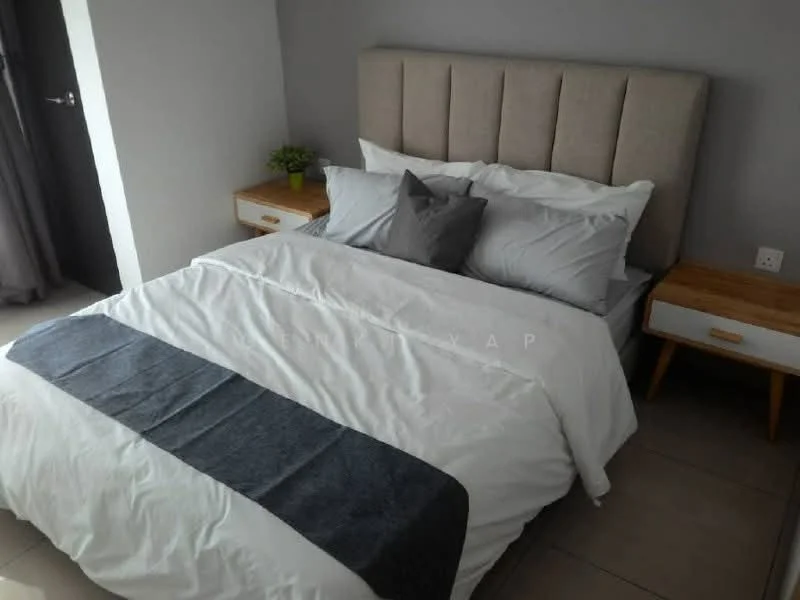 Bedroom features: king-size bed with upholstered headboard, white bedding with grey throw blanket, two bedside tables with wooden surface, grey accent wall, floor-to-ceiling window with curtain, decorative plant on bedside table, laminate flooring, wall-mounted electrical outlet; style: modern.