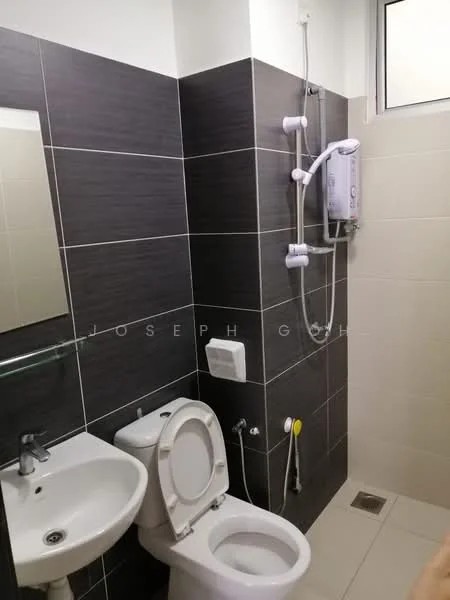 Bathroom features: grey tiled walls, white tiled flooring, single-sink vanity with mirror, chrome basin mixer faucet, one-piece toilet, handheld shower, wall-mounted water heater, shower area with glass partition, toilet paper holder, drain in floor; style: modern.