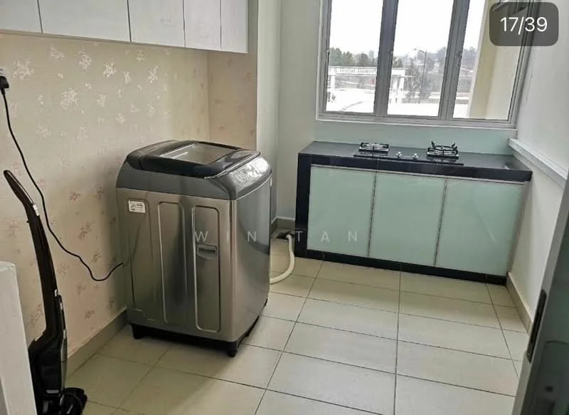 Laundry features: front-load washing machine in silver, black countertop, two-burner gas stove, light-colored cabinetry, cream wallpaper with floral pattern, tile flooring, window with city view, vacuum cleaner; style: modern; view: city.