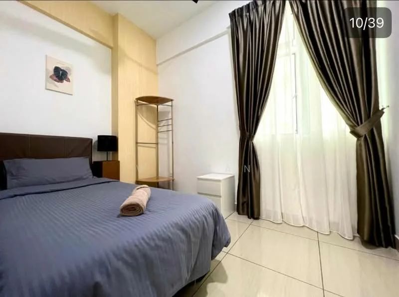 Bedroom features: queen-size bed with dark brown headboard, blue bed linens, white walls, cream curtains, floor-to-ceiling window, white bedside table, black bedside lamp, open shelving unit, glossy tile flooring; style: modern.