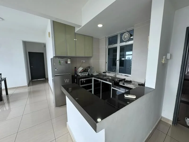 Kitchen features: black granite countertop, stainless-steel sink, chrome pull-down faucet, built-in oven, freestanding range oven, stainless-steel refrigerator, green cabinetry, tile backsplash, ceramic tile flooring, window with city view, recessed downlights; style: modern; view: city.