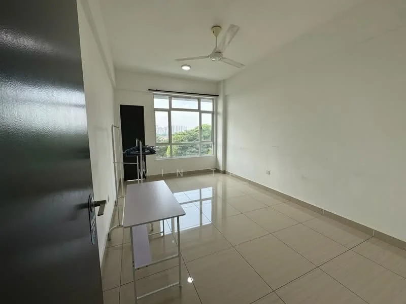 Room features: white painted walls, glossy tile flooring, ceiling fan, large windows, natural light, simple desk, clothes rack, neutral color scheme; style: modern; view: garden.