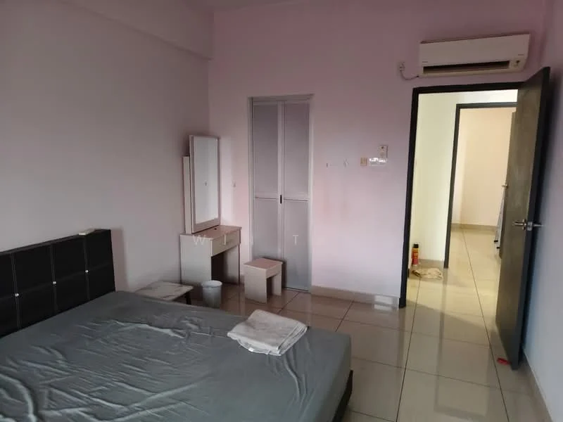 Bedroom features: queen-size bed, light grey bed linens, white walls, cream tiled flooring, wall-mounted split AC, built-in wardrobe with sliding door, dressing table with mirror, small stool, two white towels on bed.