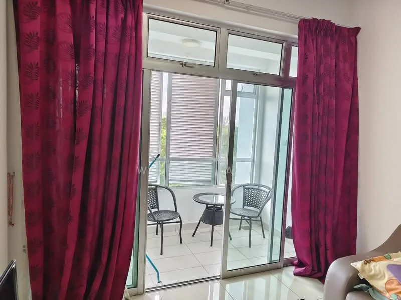Living features: floor-to-ceiling windows, sliding glass door, purple curtains, white walls, tile flooring, round glass dining table, two black wicker chairs, sofa, natural light from windows; style: modern; view: garden.