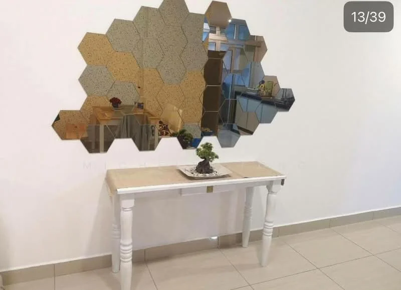 Room features: hexagonal mirror, white console table, decorative plant on table, light-colored tiled flooring, white painted walls; style: modern.