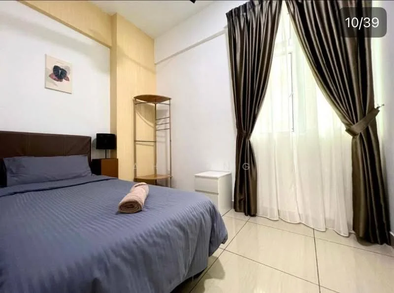 Bedroom features: queen-size bed with dark brown headboard, blue bed linens, white walls, cream accent wall, floor-to-ceiling window, sheer white curtains, dark brown curtains, nightstand with drawer, metal shelving unit, tile flooring, decorative wall art; style: modern.