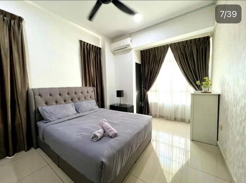 Bedroom features: queen-size bed with grey upholstered headboard, white bed linens, 2 rolled towels on bed, floor-to-ceiling windows, sheer curtains, blackout curtains, laminate flooring, 1 bedside lamp, wall-mounted air conditioning unit, decorative plant on bedside table, light-colored walls, recessed ceiling lights, ceiling fan; style: modern.
