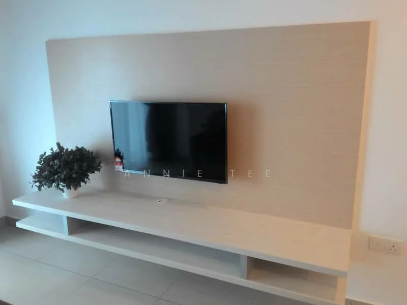 Living features: wall-mounted TV, light wood TV console, decorative plant in ceramic pot, neutral wall color, ceramic tile flooring, minimalist design; style: modern.