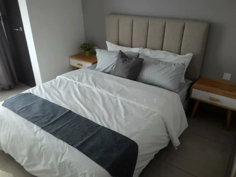 Bedroom features: king-size bed with upholstered headboard, white bedding with grey throw blanket, two bedside tables with wooden tops, grey accent wall, floor-to-ceiling window with sheer curtains, laminate flooring, decorative plant on bedside table, wall-mounted light switch; style: modern.