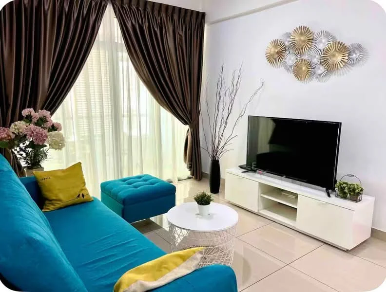 Living features: blue fabric sofa, white coffee table, TV console in white, wall-mounted flat-screen TV, floor-to-ceiling windows, sheer curtains, dark brown drapes, decorative wall art, decorative plants in pots, accent chair in blue, ceramic vase with flowers, polished tile flooring; style: modern.