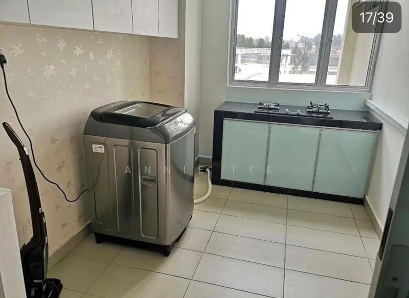 Laundry features: front-load washing machine in silver, black countertop, light blue cabinetry, cream wallpaper with floral pattern, tile flooring, window with city view, gas stove with two burners, vacuum cleaner, plumbing for washing machine; style: modern; view: city.