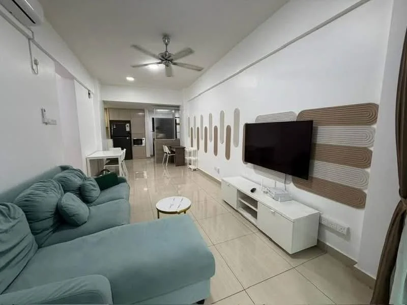 Living features: 3-seater fabric sofa in teal, white coffee table, wall-mounted TV, TV console in white, ceiling fan, recessed lighting, cream tiled flooring, decorative wall paneling, curtain treatment, open layout to kitchen, wall with accent design; style: modern. Kitchen features: black refrigerator, white dining table with chairs, kitchen cabinetry, open layout, countertop, stainless-steel appliances; style: modern.