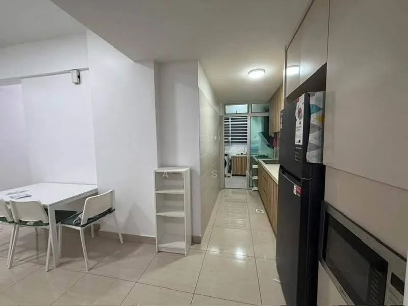 Kitchen features: white painted walls, tile flooring, recessed ceiling lights, wood cabinetry, green countertop, stainless-steel fridge, built-in microwave, single-bowl stainless-steel sink, chrome pull-down faucet, window with blinds; style: modern. Dining features: 6-seater dining table, white chairs, tile flooring; style: modern.