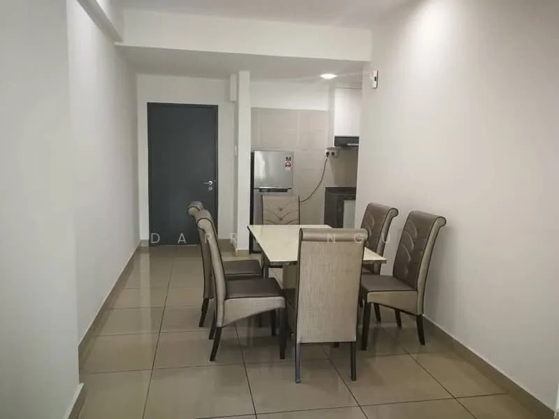 Dining features: 6-seater dining table, upholstered dining chairs, white painted walls, tile flooring, recessed lighting, kitchen area visible in background, stainless-steel fridge, grey cabinetry, neutral colour scheme; style: modern.