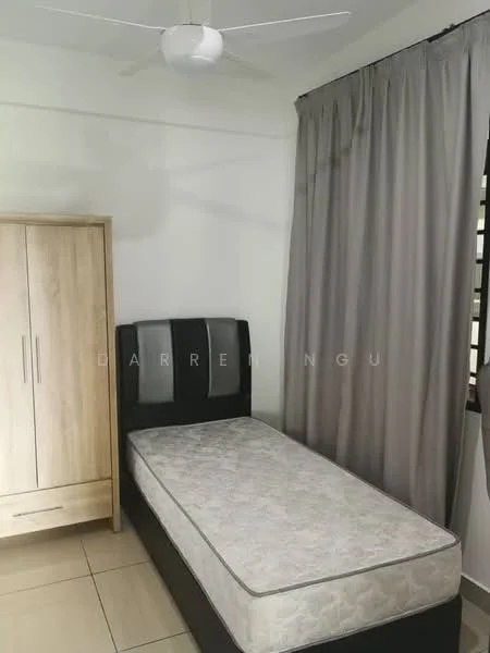 Bedroom features: single bed, upholstered headboard, wooden wardrobe with sliding doors, grey curtains, ceiling fan, tile flooring, white painted walls; style: modern.