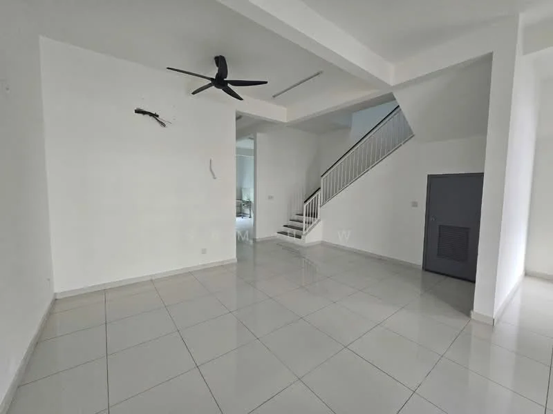 Living features: white painted walls, glossy ceramic tile flooring, 5-blade ceiling fan, staircase with white railing, large windows for natural light, open layout, no visible furniture, neutral color scheme; style: modern.