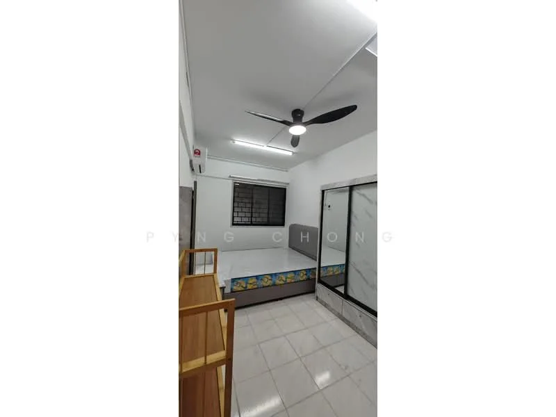 Bedroom features: single bed, wooden bed frame, mattress with blue floral bedding, built-in wardrobe, sliding glass door, white painted walls, marble tile flooring, ceiling fan with light, window with black grille, mirror on wardrobe, light fixture on ceiling; style: modern.