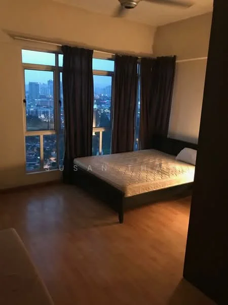 Bedroom features: queen-size bed, wooden flooring, floor-to-ceiling windows, dark curtains, city view, ceiling fan, wall-mounted light, neutral wall color; style: modern; view: city.