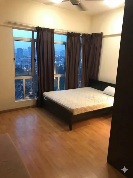 Bedroom features: wooden flooring, cream painted walls, floor-to-ceiling windows, dark curtains, queen-size bed frame, mattress, ceiling fan, city view; style: modern; view: city.