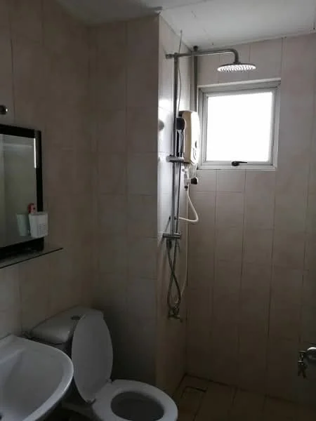 Bathroom features: white tiled walls, cream tiled flooring, single-sink vanity with mirror, one-piece toilet, shower with rain shower head, shower mixer, window for natural light, glass shelf.