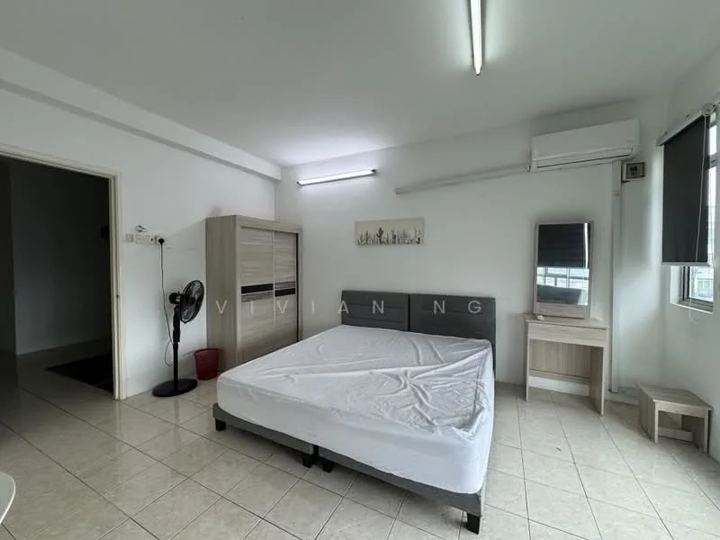 Bedroom features: white painted walls, tile flooring, 1 wall-mounted split AC, 2 bedside tables, queen-size bed frame without mattress, full-length mirror, built-in wardrobe, ceiling lights, window with roller blinds, standing fan; style: modern.