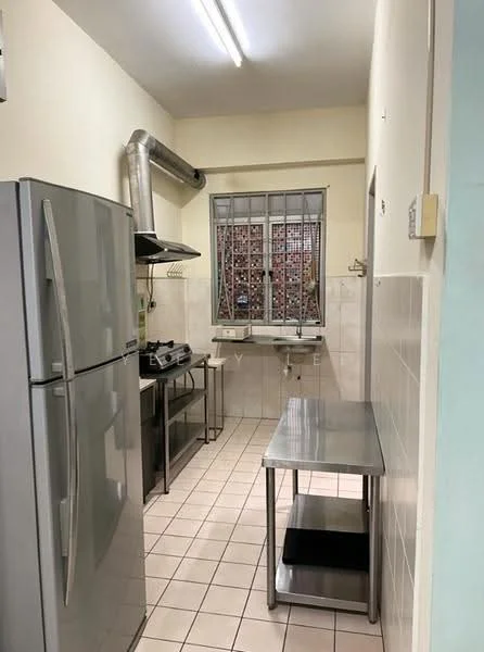 Kitchen features: stainless-steel fridge, stainless-steel countertop, stainless-steel kitchen table, built-in oven, exhaust hood, wall-mounted shelves, white tiled walls, light-colored painted walls, tile flooring, window with metal grille; style: modern.