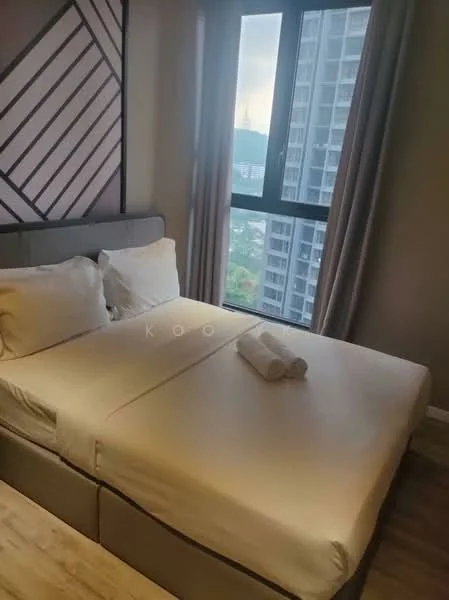 Bedroom features: queen-size bed, upholstered headboard, two white pillows, light-colored bedding, wooden flooring, floor-to-ceiling window, curtains, city view; style: modern; view: city.