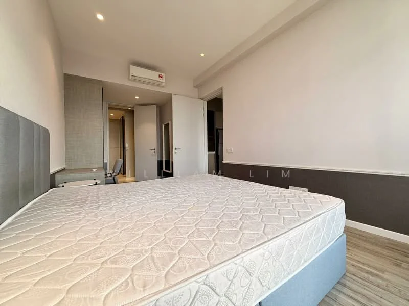 Bedroom features: queen-size bed, upholstered headboard, wooden flooring, wall-mounted split AC, built-in wardrobe, neutral wall colour, recessed lighting, large window, door leading to hallway; style: modern.