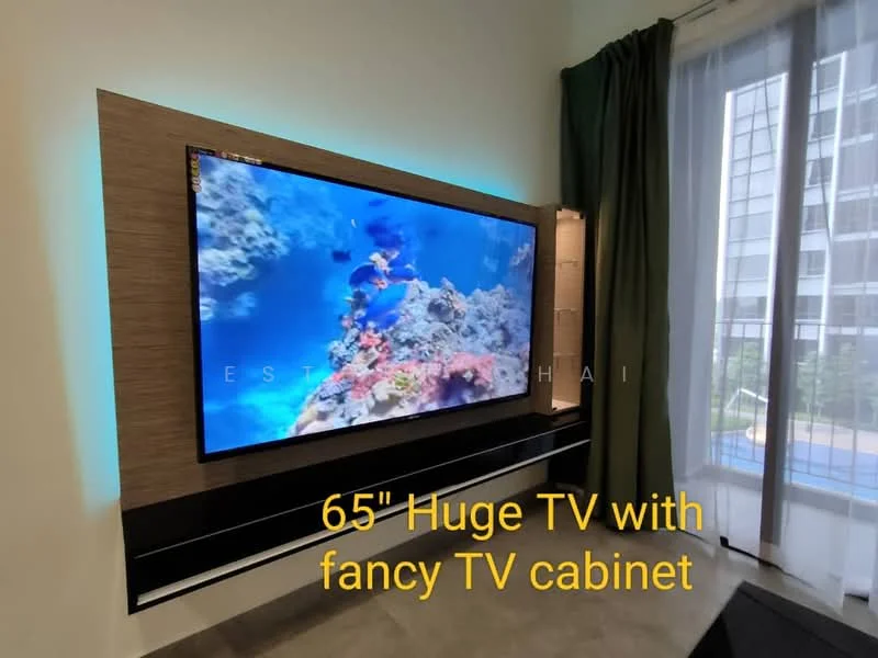 Living features: 65-inch TV, fancy TV cabinet, wall-mounted TV, wood paneling behind TV, ambient LED lighting, black lower cabinet, curtains, large windows, view of outdoor space; style: modern; view: garden.