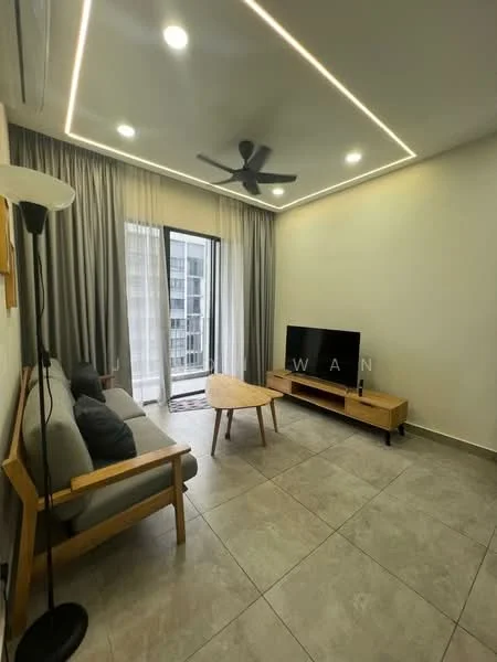 Living features: grey fabric sofa, wooden armchair, coffee table with rounded edges, TV console, wall-mounted TV, floor-to-ceiling windows, sheer curtains, recessed LED downlights, 5-blade ceiling fan, light-coloured tiled flooring, decorative wall art; style: modern; view: city.