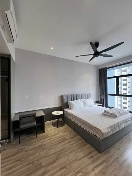 Bedroom features: king-size bed, upholstered headboard, bedside table, desk with chair, 5-blade ceiling fan, floor-to-ceiling windows, light grey painted walls, laminate flooring, air conditioning unit; style: modern; view: city.