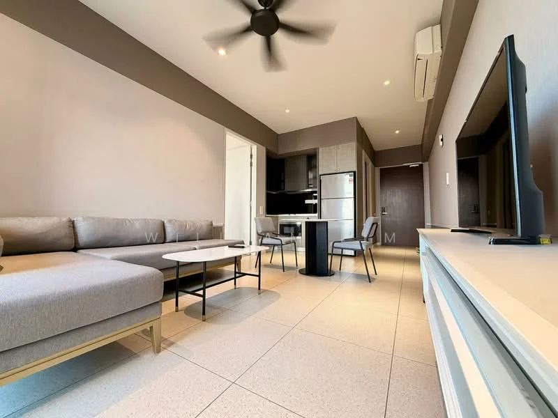 Living features: 3-seater fabric sofa in light grey, coffee table with black top and gold legs, wall-mounted TV, TV console in white, ceiling fan, recessed downlights, air conditioning unit, tile flooring in light color, neutral painted walls; style: modern.