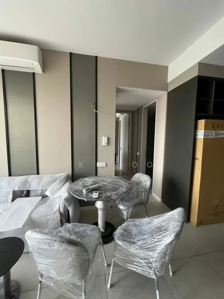 Living features: sofa covered in plastic wrap, round dining table, 4 upholstered dining chairs covered in plastic wrap, wall-mounted split AC, grey accent wall, light-colored tiled flooring, built-in cabinetry, doorway leading to hallway; style: modern.