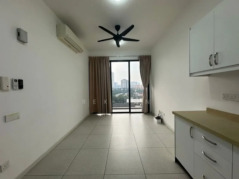 Living features: white painted walls, grey tile flooring, 5-blade ceiling fan with light, floor-to-ceiling sliding glass door, curtains, air conditioning unit, wall-mounted intercom, kitchenette with countertop, white cabinetry, sink, view of city skyline; style: modern; view: city.