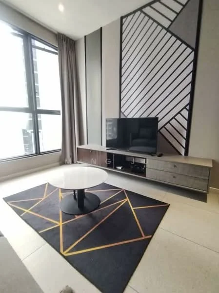 Living features: floor-to-ceiling windows, grey accent wall with geometric pattern, light grey walls, white ceiling, recessed downlights, black coffee table with circular top, black area rug with geometric pattern, TV console with drawers, wall-mounted TV, curtains, light-colored flooring; style: modern; view: city.