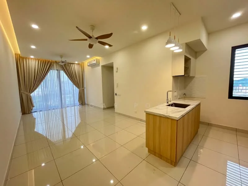Living features: glossy ceramic tile flooring, white painted walls, recessed downlights, 5-blade ceiling fan, floor-to-ceiling windows, sheer curtains, kitchen island with wooden cabinetry, single-bowl stainless-steel sink, chrome pull-down faucet, pendant lights above kitchen island, open layout, sliding glass door leading to balcony; style: modern; view: city.